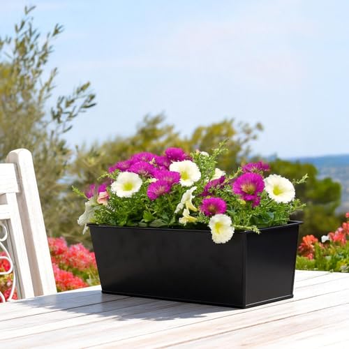 3 Pack Metal Railing Planters, 16 Inch Large Rectangular Hanging Flower Pots with Detachable Hooks & Drainage Holes, Fits Rails up to 2.5", Galvanized Iron Window Box for Balcony Garden - Black - color: Black, size: 3 Pack, 16.1"L x 5.1"W x 5.1"H
