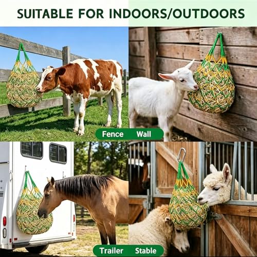 3 PCS Hay Bags for Horses with Carabiners - Heavy Duty Slow Feeder Hay Nets, 2.3-Inch Hole for Horses & Goats, Reduces Waste, Stall Trailer Pasture
