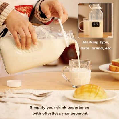 FyndraX Glass Milk Jugs Bottles - Half Gallon / 2Qt Container Pitcher with Airtight Screw Lids and Handle for Milk, Breastmilk, Juice, Iced Tea, Cold Water, 64 OZ Set of 2 - color: 2 Pack