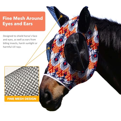 Harrison Howard Super Comfort Stretchy Fly Mask Large Eye Space with UV Protection Soft on Skin with Breathability Tribe Feather Full Size - color: Tribe Feather, size: Full(Large)
