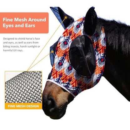 Harrison Howard Super Comfort Stretchy Fly Mask Large Eye Space with UV Protection Soft on Skin with Breathability Tribe Feather Full Size - color: Tribe Feather, size: Full(Large)