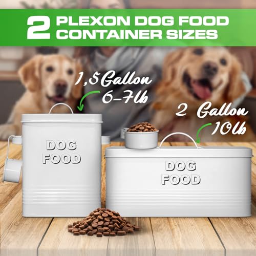Plexon Metal Dog Food Storage Container with Scoop - Small Dog Food Container Holder Treat Jar Bin with Lid - Pet Chow Storage Canister Tin,1.5 Gallon, 7 lbs, White - color: White, 1.5 Gall Capacity