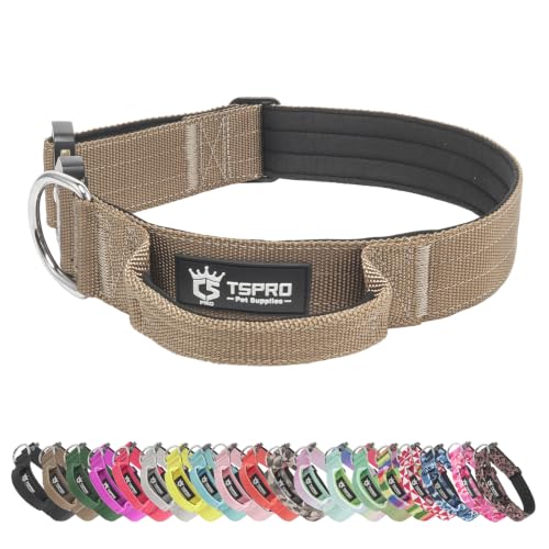 TSPRO Heavy Duty Tactical Dog Collar Quick Release Metal Buckle with Handle | Premium Dog Collar, Military Nylon, 1.25 Inch Wide, Soft Padded, Thick, Durable, Adjustable for Medium & Large Dogs (Khaki M) - color: Basic Khaki, size: M, Handle Style, Neck 1