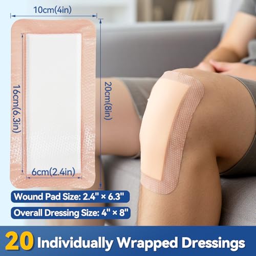 Dimora 20 Count Silicone Super Absorbent Wound Dressing - 4" x 8" Soft Gauze Pads for Bed Sores Leg Ulcers Post Surgical Incisions, Adhesive Wound Bandage with Gentle Border - size: 4"x 8" - 20 pcs