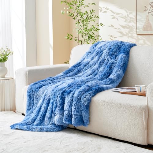 GONAAP Fuzzy Faux Fur Throw Blanket for Couch, Indigo, 50"x60" - color: Indigo, size: Throw(50"x60")