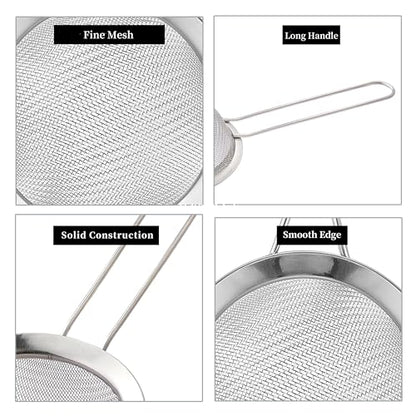 2 Pack Fine Mesh Strainers, Mini Stainless Steel Strainer with Handle for Kitchen, Metal Sieve Sifters for Straining Tea, Matcha, Cocktail, Juice and Coffee (8.6in 7.5in)