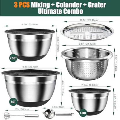 Stainless Steel Mixing Bowls Set with Lids & Silicone Base,7‑Piece Set - color: Black