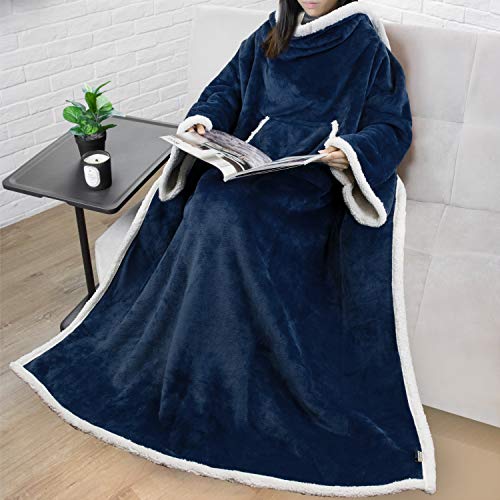 PAVILIA Sherpa Wearable Blanket with Sleeves and Pocket, Plush Thick Cozy Body Blanket Wrap for Adult Women Men, Christmas Gift for Wife Mom, Navy Blue - color: Navy