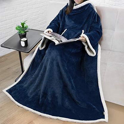 PAVILIA Sherpa Wearable Blanket with Sleeves and Pocket, Plush Thick Cozy Body Blanket Wrap for Adult Women Men, Christmas Gift for Wife Mom, Navy Blue - color: Navy