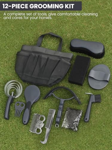Horse Grooming Kit 12 Pieces Set – Complete Horse Brushes & Care Supplies Set with Organizer Tote Bag, Equine Coat Grooming Tools, Tack Room Equipment & Gifts for Horse Owners & Lovers