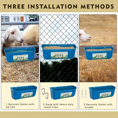 6 Pack Fence Feed Feeder 4.5 Quart Hanging Chicken Feeder Trough with Brush & Scoop Blue Goat Hanging Fence Feeders Feeder with Hooks Screws & Zip Tie for Livestock Feeding Container Goats Supplies - color: Blue, size: 6 Pack