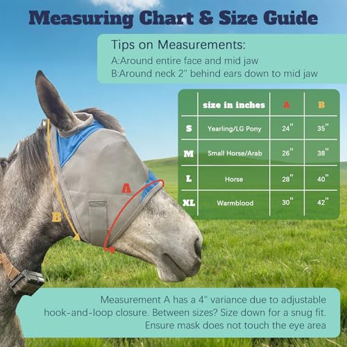 Horse Fly Mask Without Ears, Breathable Mesh UV Protection, Soft Fleece Trim, Adjustable Secure Fit, No Eye Rubbing, Lightweight for Turnout (M) - size: Medium