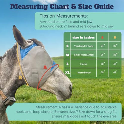 Horse Fly Mask Without Ears, Breathable Mesh UV Protection, Soft Fleece Trim, Adjustable Secure Fit, No Eye Rubbing, Lightweight for Turnout (M) - size: Medium