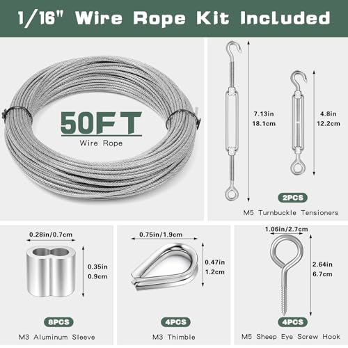 Dpyrrhic Turnbuckles for Cables Wires, 50Ft 1/16 Inch Stainless Steel Vinyl Coated Wire Trellis Kit,M5 Turnbuckle Tension Kit for Cable Railing Clothesline DIY Balustrades Etc - size: 50FT