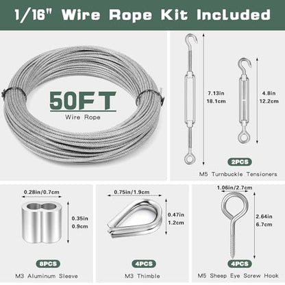 Dpyrrhic Turnbuckles for Cables Wires, 50Ft 1/16 Inch Stainless Steel Vinyl Coated Wire Trellis Kit,M5 Turnbuckle Tension Kit for Cable Railing Clothesline DIY Balustrades Etc - size: 50FT