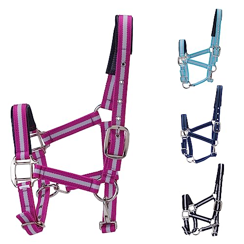 Adjustable Horse Halters - Heavy Duty Nylon Webbing & Hardware, Padded with Anti Chafing Foam-Cushioned on Crown & Nose - color: Rose Red, size: Pony