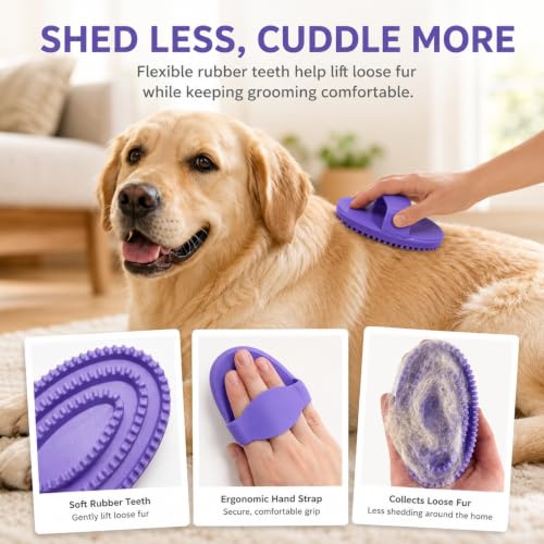 Rubber Curry Comb for Horses, Dogs & Cats, Pet Bath Brush with Hand Strap - color: Purple Rubber Curry Comb