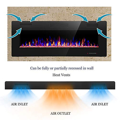 R.W.FLAME Electric Fireplace 50 inch Recessed and Wall Mounted,The Thinnest FireplaceLow Noise, Fit for 2 x 6 Stud, Remote Control with Timer,Touch Screen,Adjustable Flame Colors and Speed - size: 50"