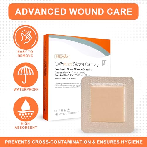 CuraVance Silicone Bordered Dressing with Silver, Absorbent 4"x4", Box of 5 | Sterile And Individually Wrapped - Silver Ag Dressing Pads - Antimicrobial & Odor-Resistant, Highly Absorbent & Medical Grade - size: 5 Count (Pack of 5), style: 4"x4" Silver