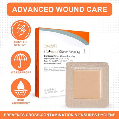 CuraVance Silicone Bordered Dressing with Silver, Absorbent 4"x4", Box of 5 | Sterile And Individually Wrapped - Silver Ag Dressing Pads - Antimicrobial & Odor-Resistant, Highly Absorbent & Medical Grade - size: 5 Count (Pack of 5), style: 4"x4" Silver