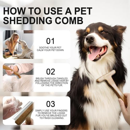 MaximiLian Medium T-Shaped Deshedding Dog Brush with Solid Wood Handle | Stainless Steel Blades,Undercoat Rake for Dogs&Cats,Dog Brush for Shedding,Pet Deshedding Tool,Remove Loose Hair Mats Tangles