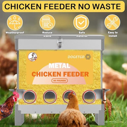 Automatic Chicken Feeder No Waste Metal Poultry Feeder Large Capacity 85lbs for Chickens, Geese, Ducks, Turkeys, Quails (10-Port) - size: 10-Port