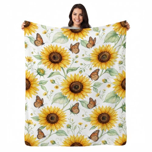 Sunflower and Butterfly Blanket Soft Throw Blanket 60" x 80" - color: Sunflower and Monarch Butterfly, size: 60"x80"
