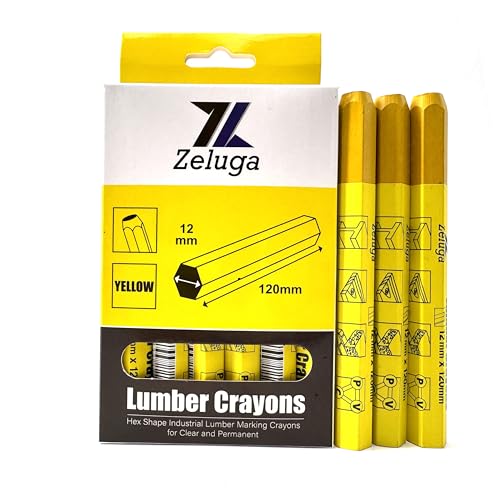 Zeluga 4.7in. x 0.47in. Hex Shape Industrial Lumber Marking Crayons for Clear and Permanent Markings, Yellow 12 Pack