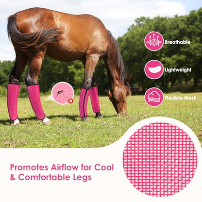 Fly Boots for Horses Set of 4 – Innovative Curved-Edge Design, Anti-Sag Stays, Breathable Mesh Leg Protection, Reduces Stomping & Fatigue, Comfort Fit for Medium to Large Horses - Pink