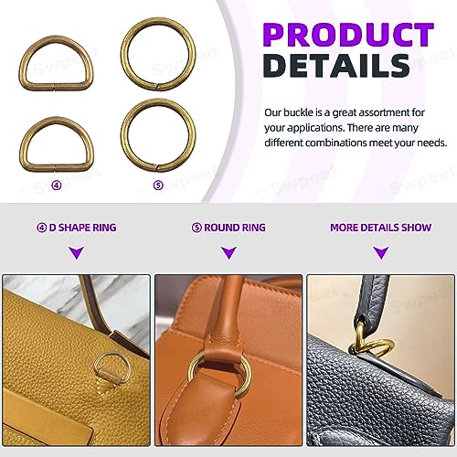 Swpeet 5 Style Metal Buckles - Adjustable Slide, D Ring, Circular Ring - color: Bronze, size: 1 Inch
