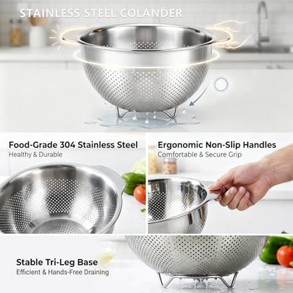Stainless Steel Colander for Kitchen with Handle for Pasta (3QT) - size: 3QT