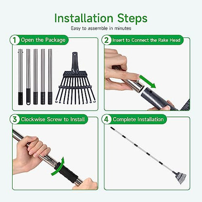 GreatBuddy Adjustable Leaf Rake, 8'' Wide Metal Rake, Perfect for Shrub, Flower Bed & Small Area, 29''- 72'' Expandable Stainless Steel Handle, Easy to Use - size: 11Tine