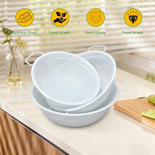 White Stainless Steel Colander Set of 3, 2, 3 & 5 Quart Metal Kitchen Strainers with Handles and Non-Slip Feet, Pasta Drainer for Rinsing Rice, Fruits and Vegetables, Dishwasher Safe - color: White