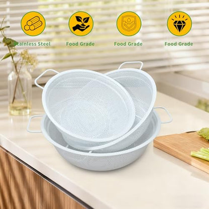 White Stainless Steel Colander Set of 3, 2, 3 & 5 Quart Metal Kitchen Strainers with Handles and Non-Slip Feet, Pasta Drainer for Rinsing Rice, Fruits and Vegetables, Dishwasher Safe - color: White