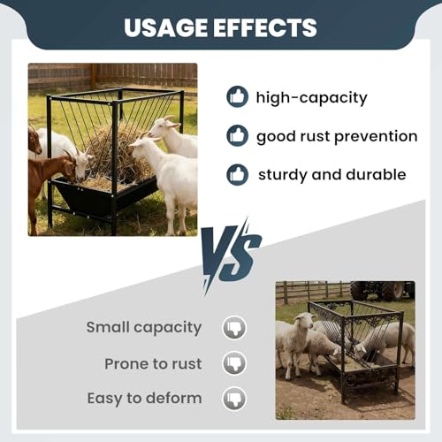 2 in 1 Hay Feeder 45 Gallon Hay Storage Plus 25 Gallon Grain Trough Heavy Duty Galvanized Steel Livestock Feeder Rust Prevention Anti Deformation for Goats Sheep Horses Cows Pigs