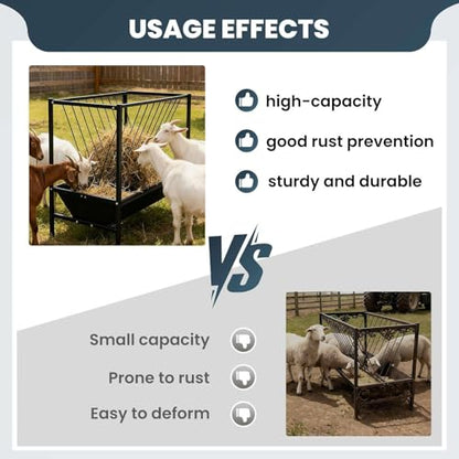 2 in 1 Hay Feeder 45 Gallon Hay Storage Plus 25 Gallon Grain Trough Heavy Duty Galvanized Steel Livestock Feeder Rust Prevention Anti Deformation for Goats Sheep Horses Cows Pigs