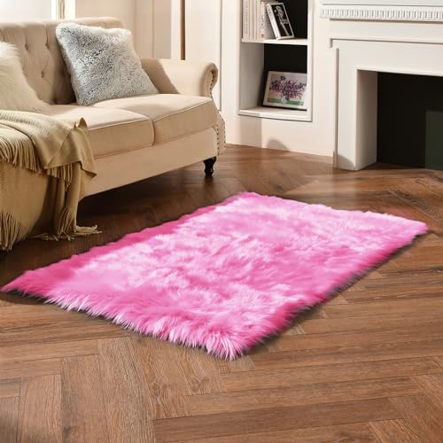 duduta Hot Pink Faux Sheepskin Fur Rug 3x5 ft, Fluffy Carpet Rug - color: Hot Pink, size: 3' x 5'