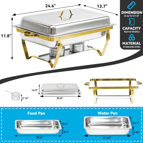 9QT Chafing Dishes for Buffet 4 Pack with 4 Full-Size Pans, Gold - color: Full Golden