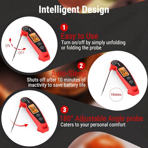 TempPro TempSwift Instant Read Meat Thermometer for Cooking | Waterproof Digital Food Thermometer with Large Backlit LCD, Kitchen Thermometer for Grilling, Smoking & Candy Making - color: Red