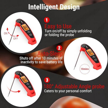 TempPro TempSwift Instant Read Meat Thermometer for Cooking | Waterproof Digital Food Thermometer with Large Backlit LCD, Kitchen Thermometer for Grilling, Smoking & Candy Making - color: Red