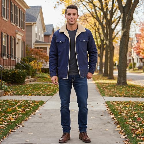 HOW'ON Men's Casual Sherpa Fleece Lined Jacket Warm Coat With Fur Collar - color: Dark Blue, size: Medium