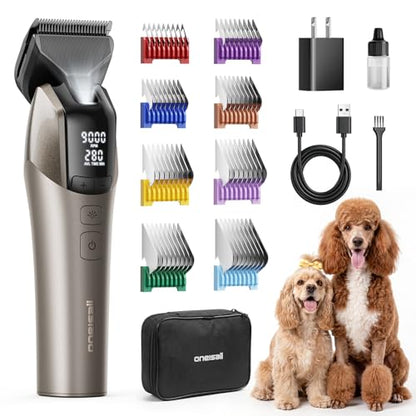 oneisall Professional Dog Clippers for Grooming Thick Hair, 9000RPM 5 Speed - color: Gold