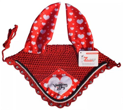 Red Valentine's Day All Purpose English Saddle Pad with Matching Fly Bonnet – Handmade Jumping Saddle Pad Set - size: PONY