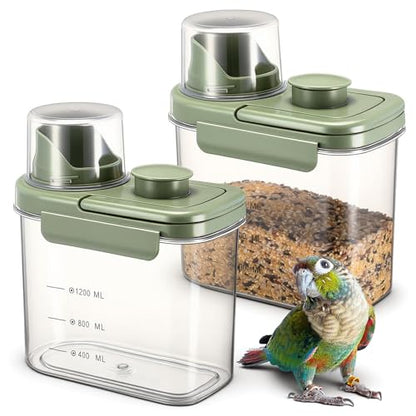 Maxdot 2 Pcs Bird Seed Storage Container 1.7 Qt/1.6 L with Tight Lids Airtight Cup Pet Food Storage Measuring Containers Lids with Pouring Spouts for Macaws African Grey Cockatoos(Green)