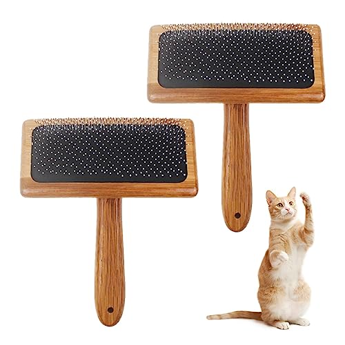 2PCS Dog & Cat brush, Pet Slicker Brush with Bamboo Handle for Large Medium & Short Hair Elegant Grooming Comb for Removing Shedding, Tangles and Dirt
