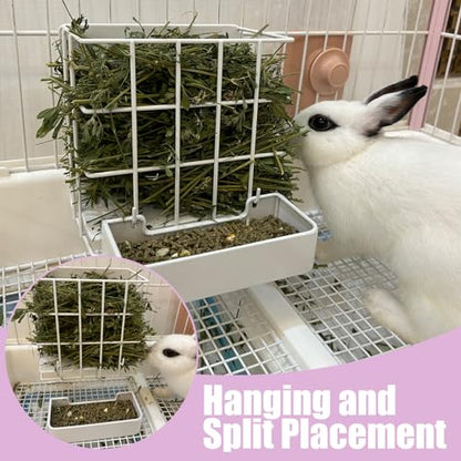 Rabbit Hay Feeder Guinea Pig Hay Feeder, Hay and Food Holder with Hook Heavy-Duty Metal Frame Hay Rack，for Bunny, Guinea Pigs,Chinchillas， Comes with Two Multifunctional Zippers-6.8x6.7x6.6inch - color: White, size: 1 piece Small