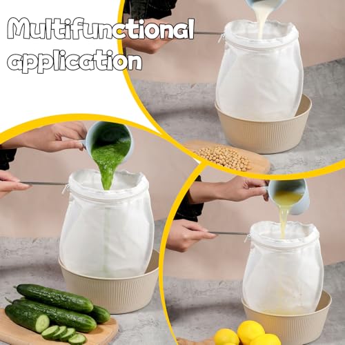 3Pcs Ultra Fine Mesh Reusable Strainer Bags with Stainless Steel Handle, Cheese Cloth Bag for Nut Milk, Juice Strainer, Fresh Cheese, Yogurt, 4.95"Wx9.6"D