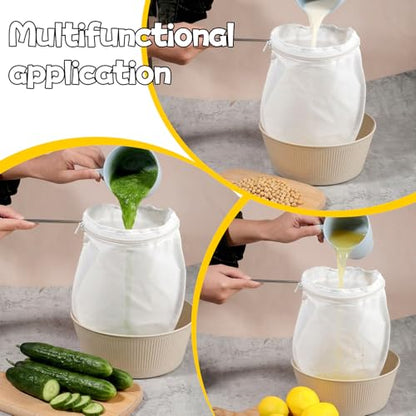 3Pcs Ultra Fine Mesh Reusable Strainer Bags with Stainless Steel Handle, Cheese Cloth Bag for Nut Milk, Juice Strainer, Fresh Cheese, Yogurt, 4.95"Wx9.6"D
