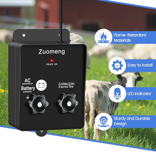 2-in-1 Electric Fence Energizer, Zuomeng 2-Mile 8 Acres Electric Fence Charger Powered by Battery or Power Adapter, 0.1 Joules, Protect Your Livestock Garden Pasture from Wildlife
