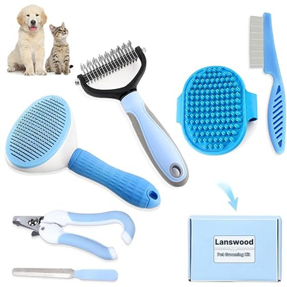 Dog Brush Dog Grooming Kit 6PCS Dog Brush for Shedding-Dog Brushes for Grooming, Dematting Comb for Dogs, Cat Nail Clipper with Nail File, Flea Comb, Bath Brush(Blue) - color: Blue